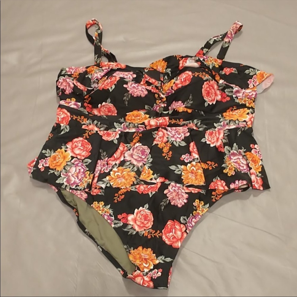 Terra & sky black floral ruffle swimsuit